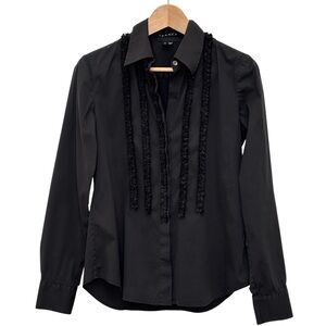 Theory Marianne Ruffle Front Button Down Blouse Size Medium Black Whimsigoth